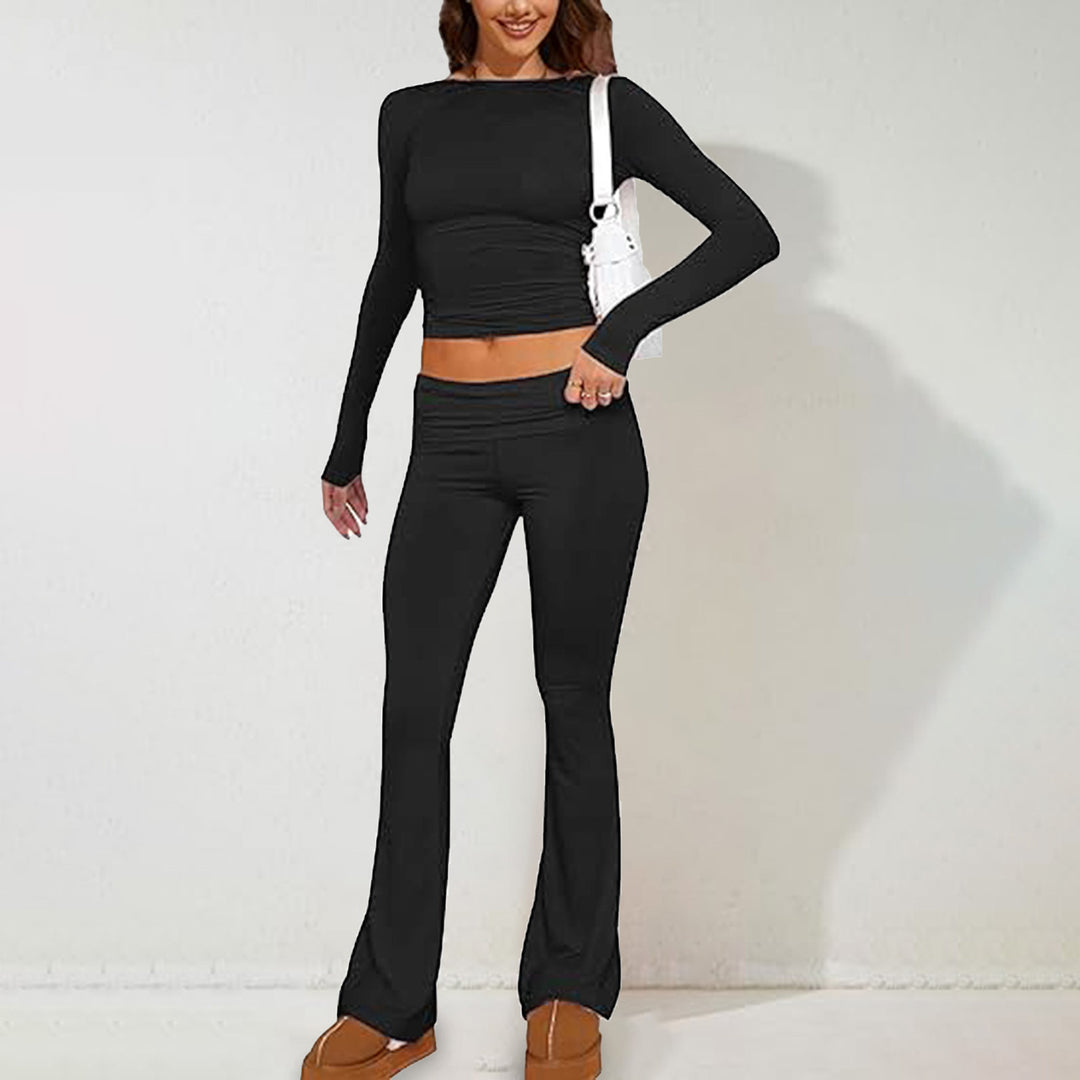 Damen nan zweiteiliges Stretch-Lounge-Set mit tailliertem Langarm-Crop-Top und High‑Waist Schlagleggings Drune