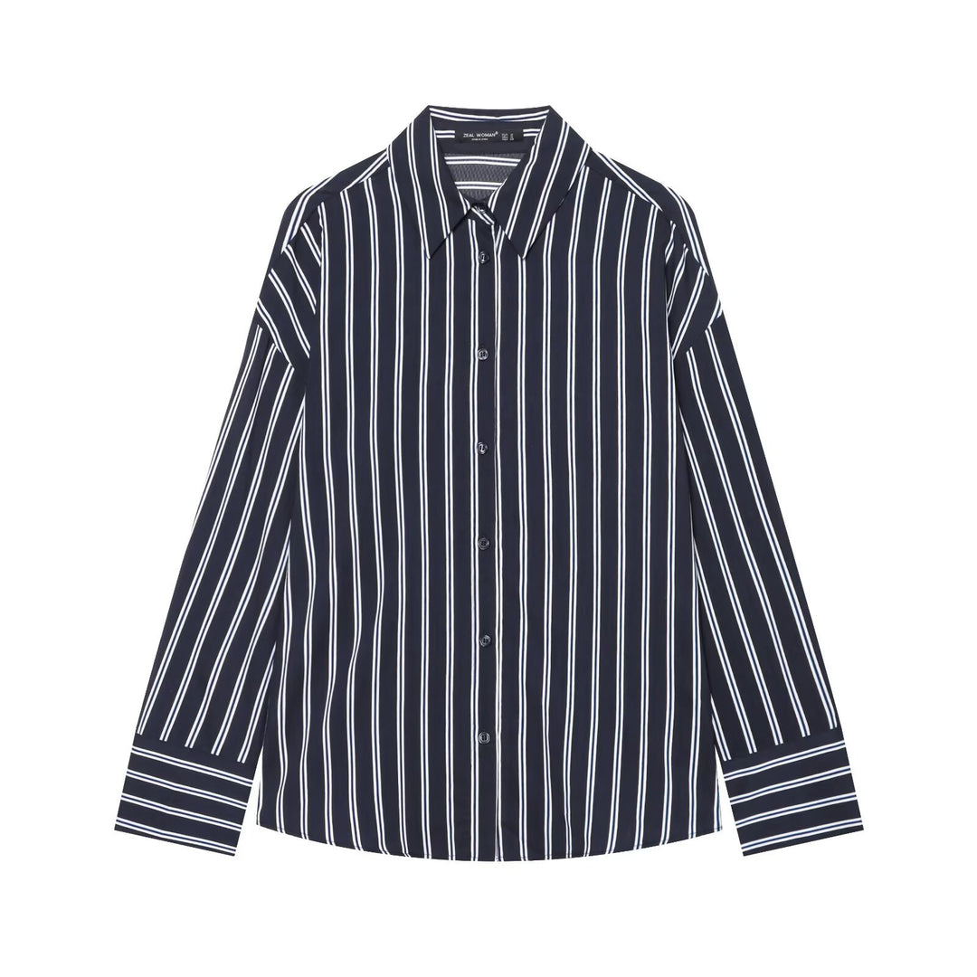 Damen Oversize-gestreifte Hemdbluse mit Kentkragen und durchgehender Knopfleiste Drune