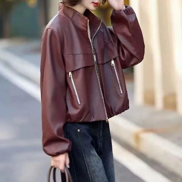 Damen Modische und edgy Lederjacke mit hohem Kragen und doppelt genähten Nähten Drune