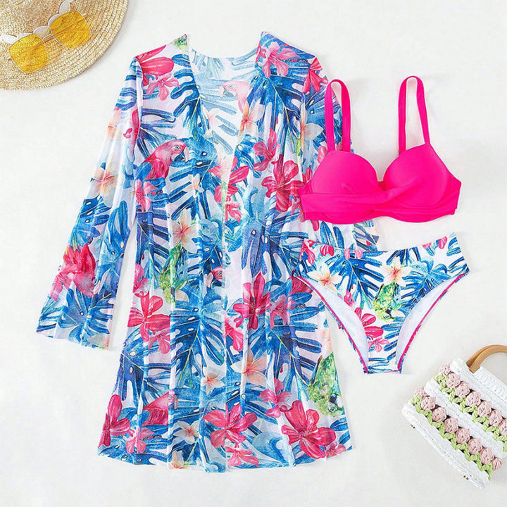Damen bikini set mit floralem Überwurf und glamourösen Details Drune