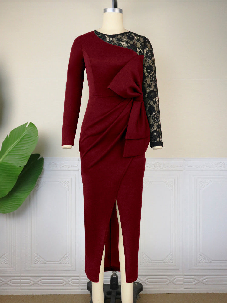 Damen elegantes Etuikleid mit aufwendigem Spitzenärmel und drapiertem Saum Drune
