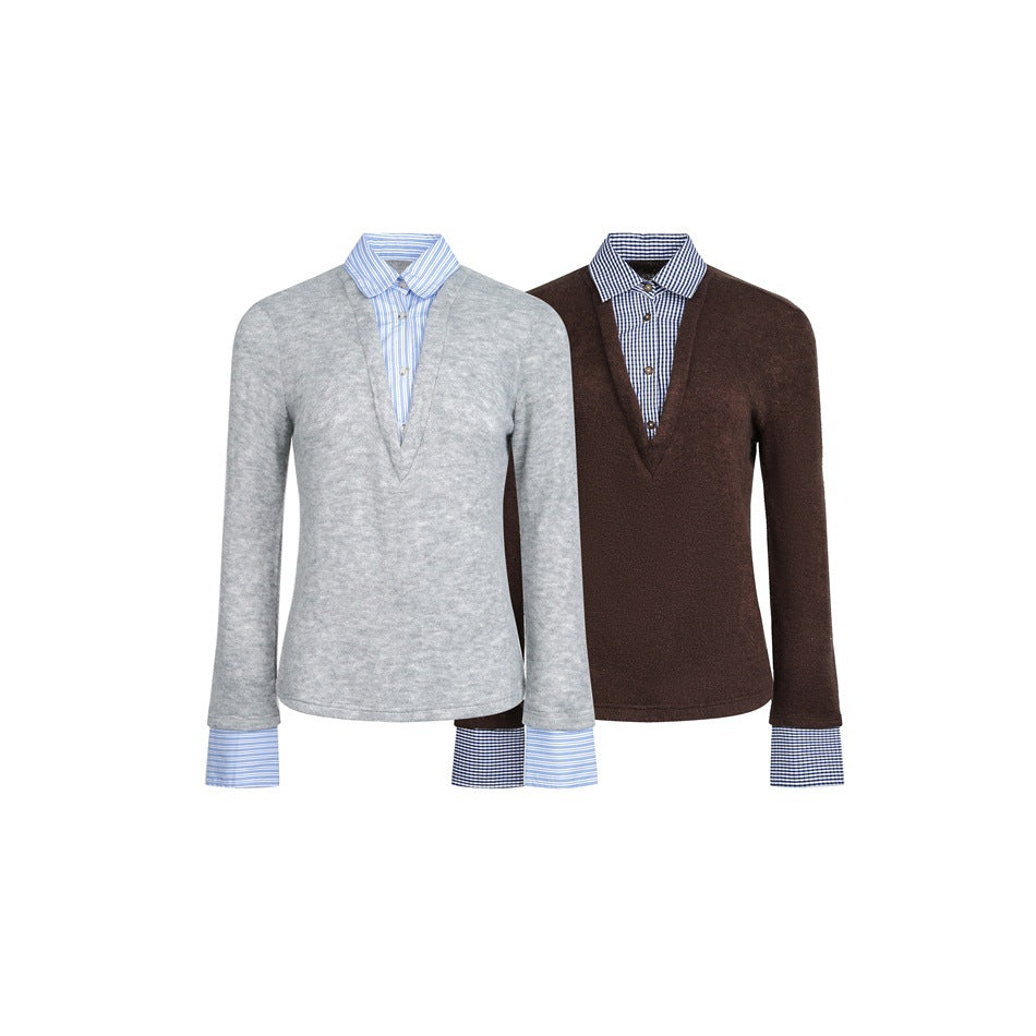 Damen Lagenlook-Pullover mit integriertem Hemdkragen und Manschetten Drune