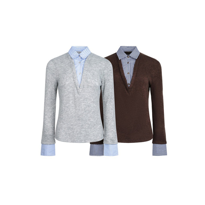 Damen Lagenlook-Pullover mit integriertem Hemdkragen und Manschetten Drune