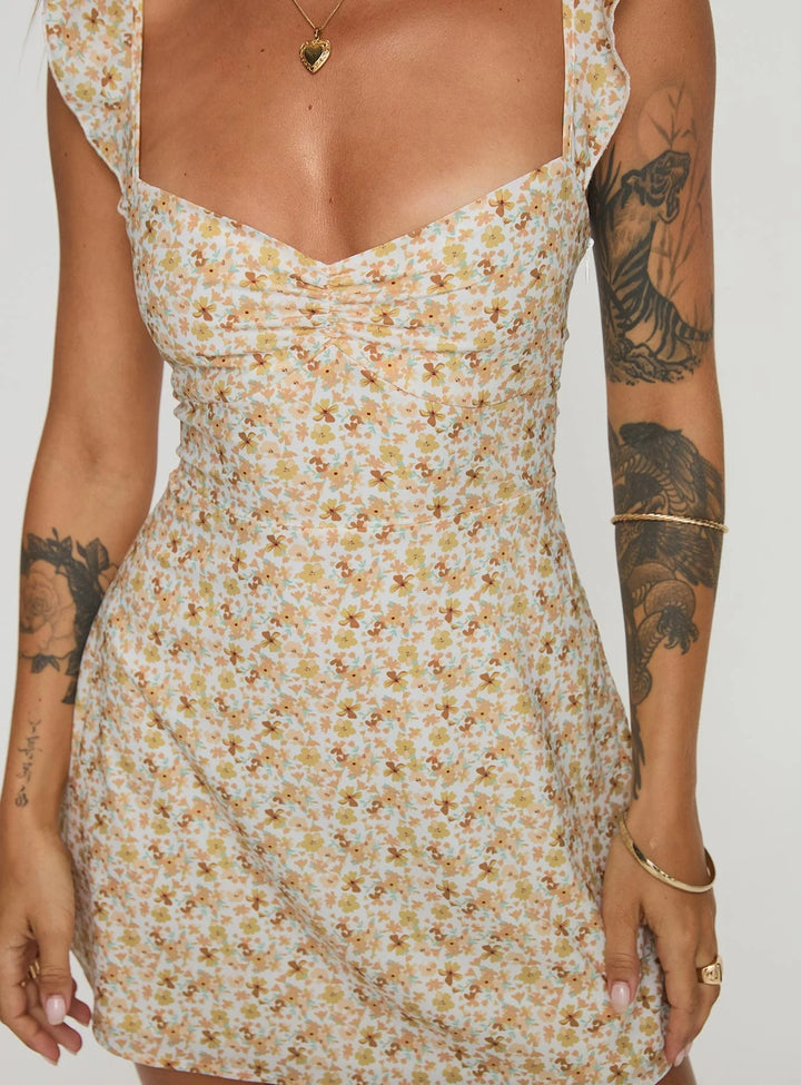 Damen romantisches Sommerkleid mit floralen Stickereien und Rüschendetails Drune