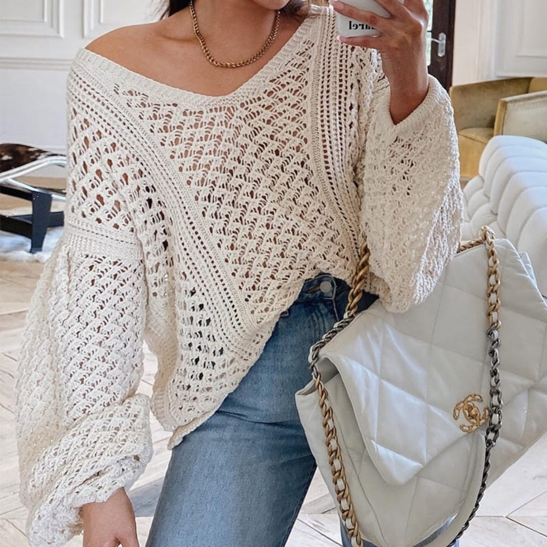 Damen luftiger Strickpullover mit V-Ausschnitt und oversized Ärmeln Drune