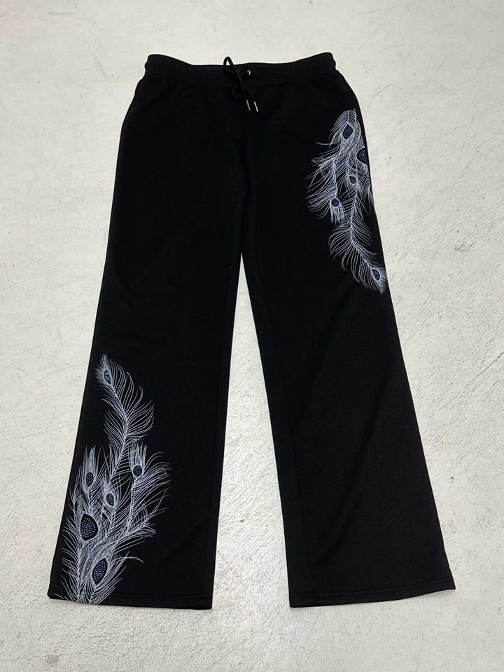 Damen nan weite Loungehose mit Kordelzug, hohem Komfortbund und Pfauenfeder-Print Drune