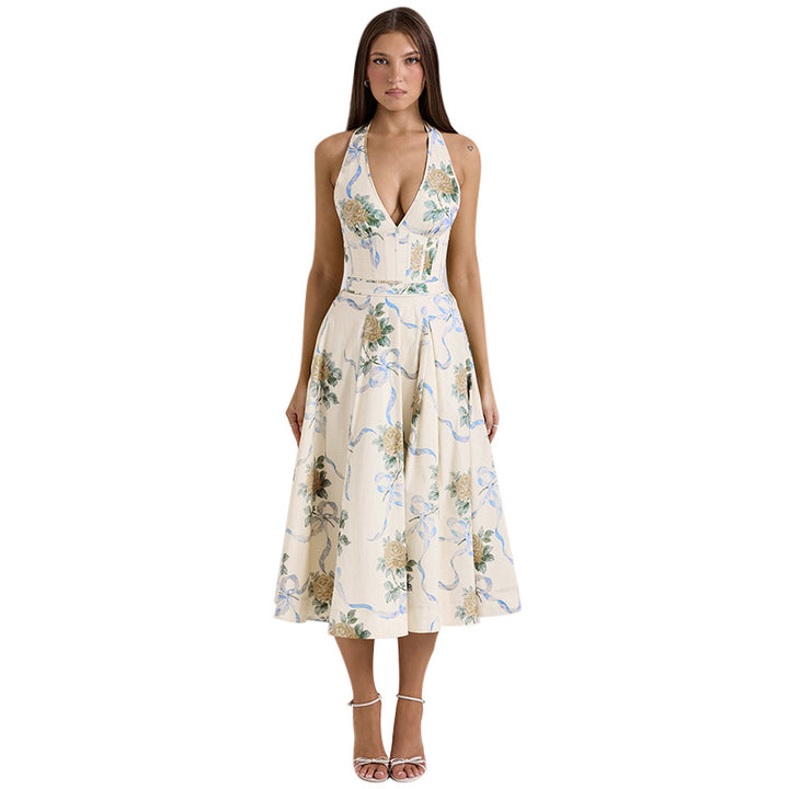 Damen Elegantes Blumen-Midikleid mit tiefem V-Ausschnitt Drune
