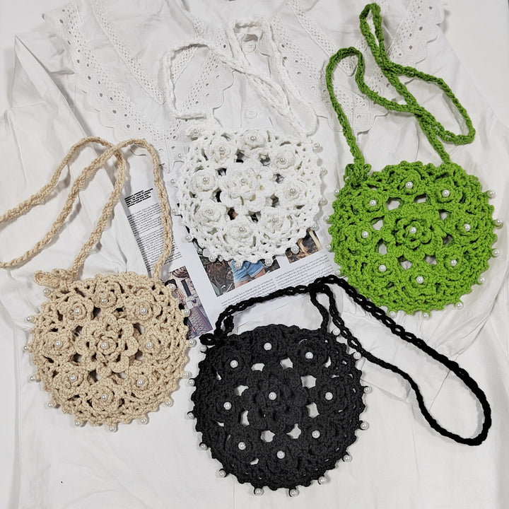 Damen handgefertigte Häkel-Handtasche mit Perlenschmuck Drune
