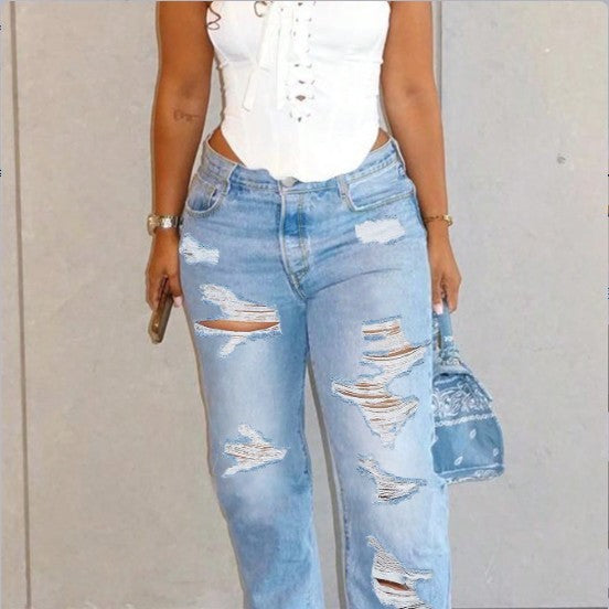 Damen Hochtaillierte Relaxed-Fit Straight-Jeans mit ausgeprägten Destroyed-Details Drune