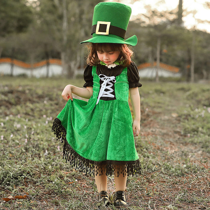 Mädchen Kostüm als irische Leprechaun mit voluminösem Rock und hohem Hut Drune