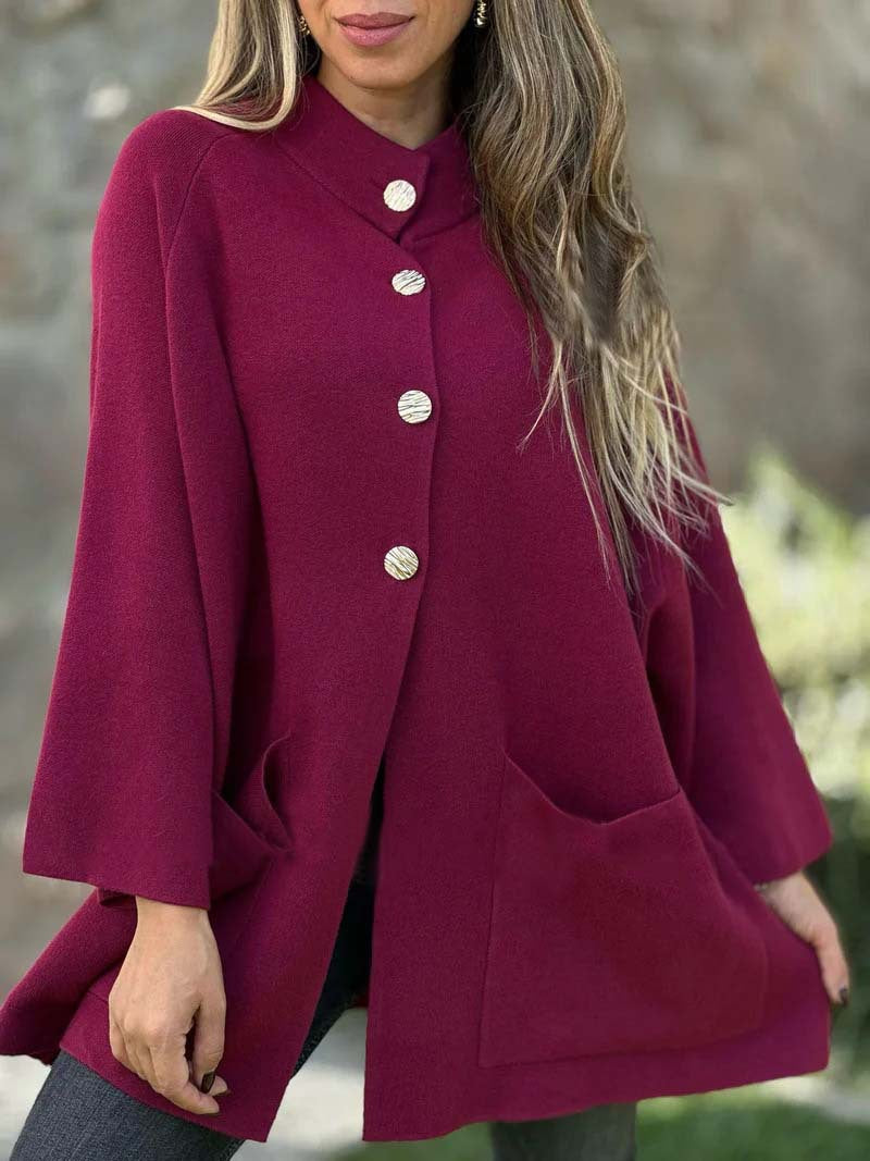 Damen Oversize Cape-Cardigan mit Stehkragen, aufgesetzten Taschen und Zierknöpfen Drune