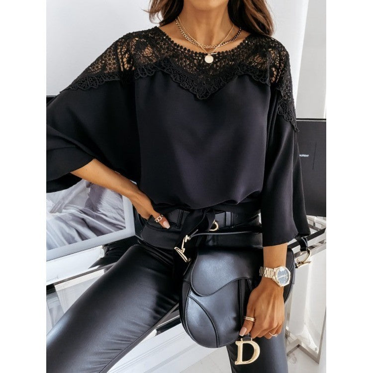 Damen nan elegante Spitzenbluse mit Bindeschleife und überschnittenen Ärmeln Drune