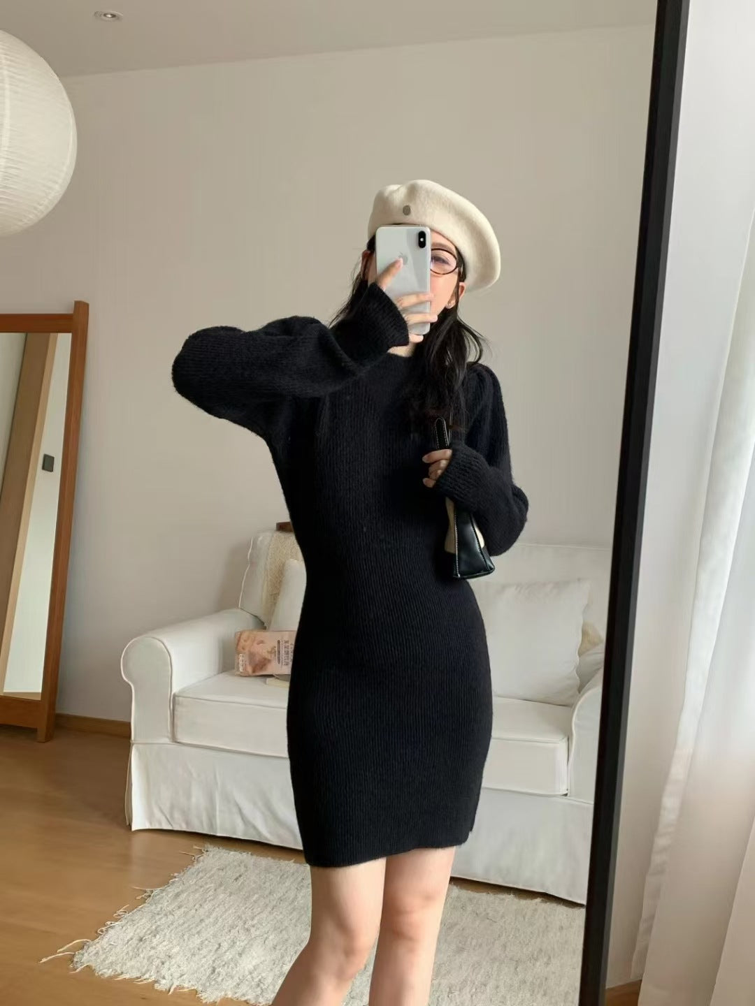 Damen elegantes Strickkleid mit figurbetonter Silhouette und Puffärmeln Drune