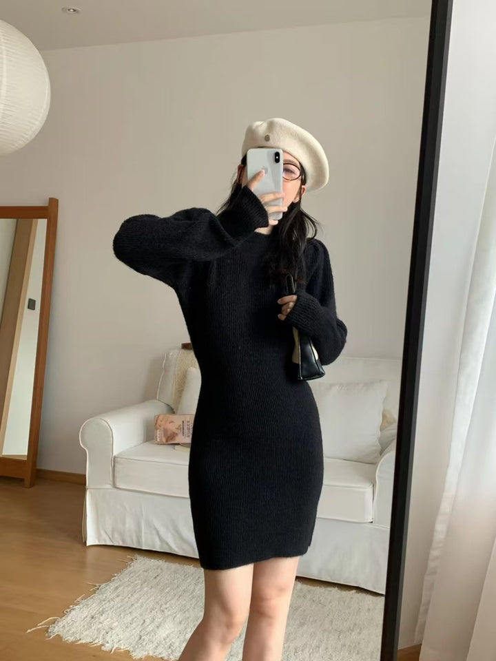 Damen elegantes Strickkleid mit figurbetonter Silhouette und Puffärmeln Drune