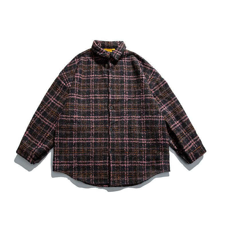 Unisex Bouclé-Karo Hemdjacke mit gesteppter Fütterung, abgerundetem Saum und Hemdkragen Drune