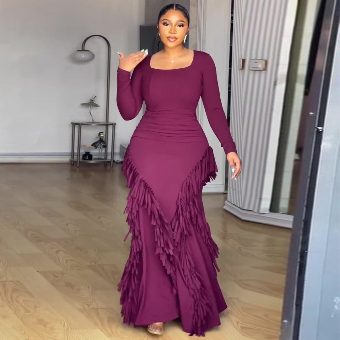 Damen Langarm Maxikleid mit voluminösen Fransen und figurbetontem Schnitt Drune