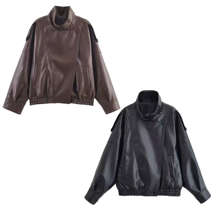 Damen nan Oversize Kunstleder-Bomberjacke mit hohem Stehkragen, Druckknopfblende und smockbündchen Drune
