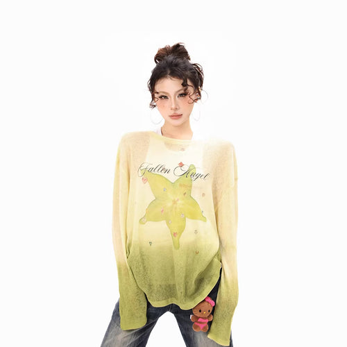 Damen Langarmshirt aus weichem Feinstrick mit Dip-Dye‑Gradient und Sternblüten‑Print Drune