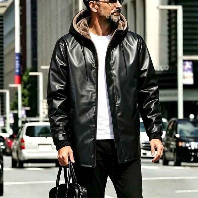 Herren Kunstleder-Parka mit Teddyfutter, Kapuze & verdecktem Reißverschluss Drune