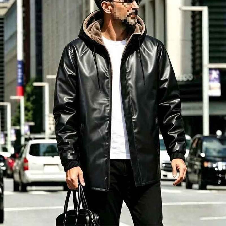 Herren Kunstleder-Parka mit Teddyfutter, Kapuze & verdecktem Reißverschluss Drune