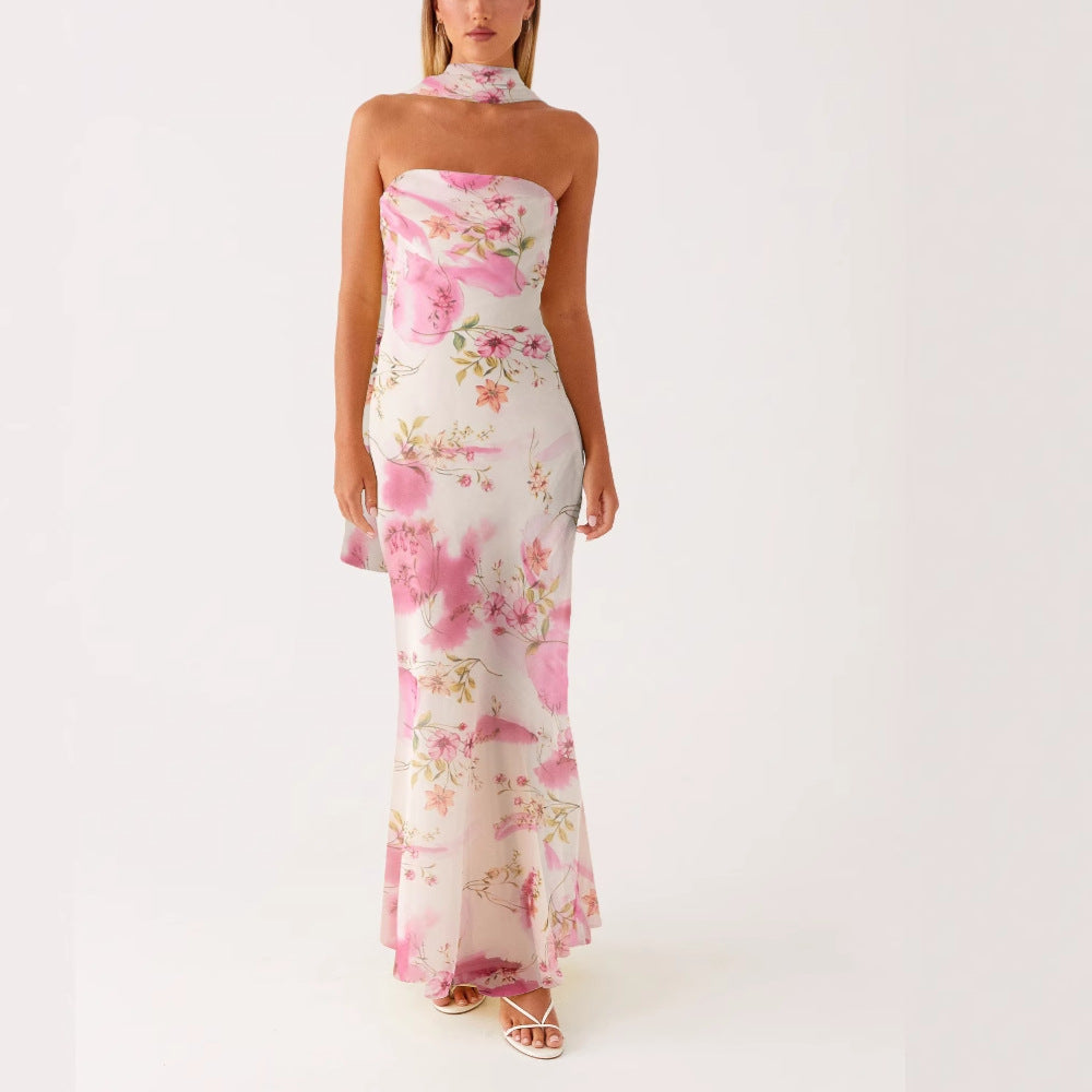 Damen Elegantes Langarm Abendkleid im Blumendesign Drune