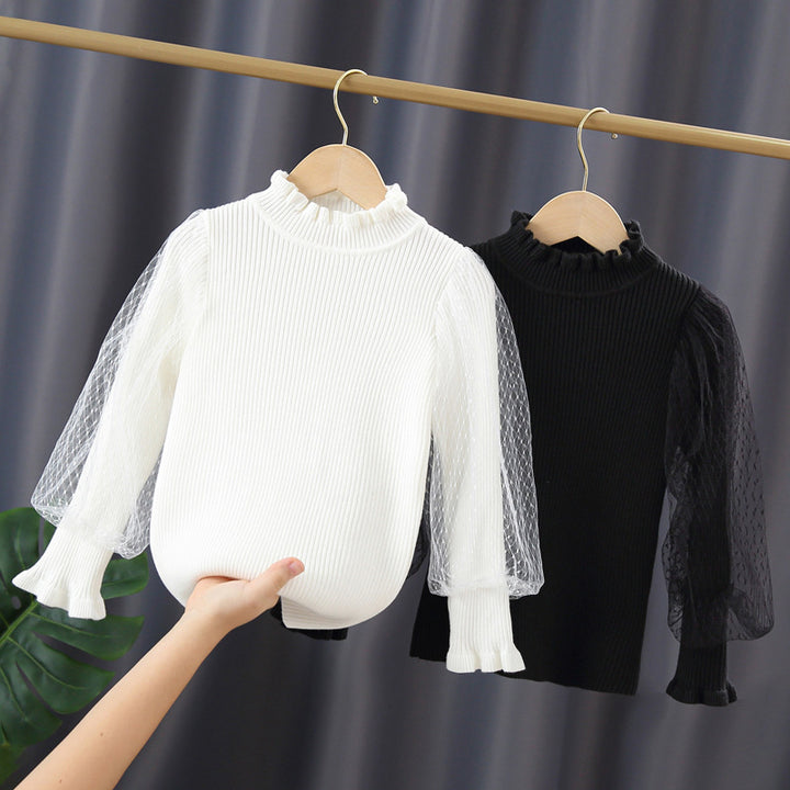 Mädchen elegantes Pullover mit transparenter Spitzenärmel Drune