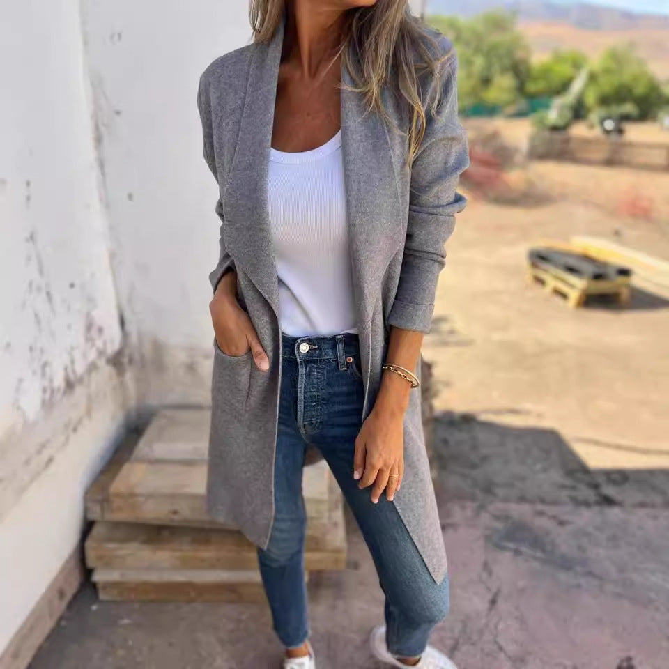 Damen Offener Longcardigan-Mantel mit Schalkragen und Eingrifftaschen Drune