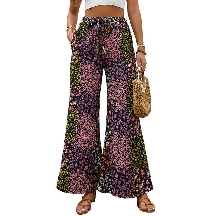 Damen Weite High-Waist Palazzo-Hose mit floralem Patchworkprint, Tunnelzug und Seitentaschen Drune