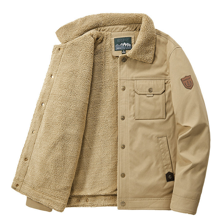 Herren Sherpa-gefütterte Canvas-Truckerjacke mit Teddyfutter und Utility‑Taschen Drune