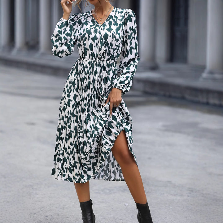 Damen Midi-Kleid mit elegantem V-Ausschnitt und voluminösen Ärmeln Drune