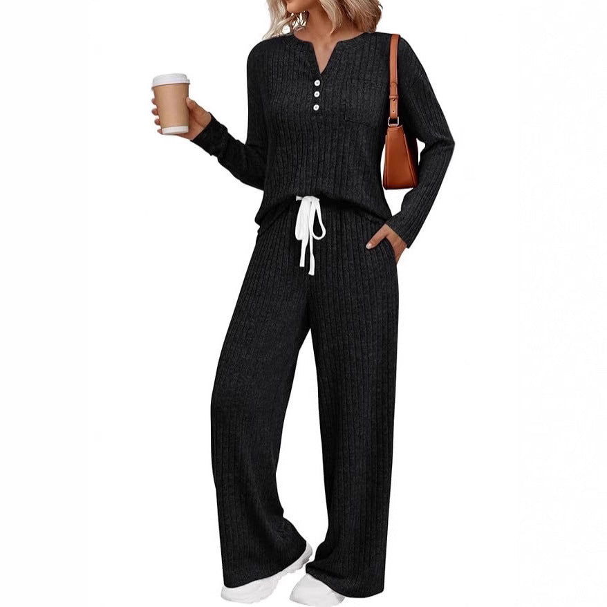 Damen Rippstrick-Lounge-Set mit Knopfleiste und weitem Kordelbund-Hose Drune