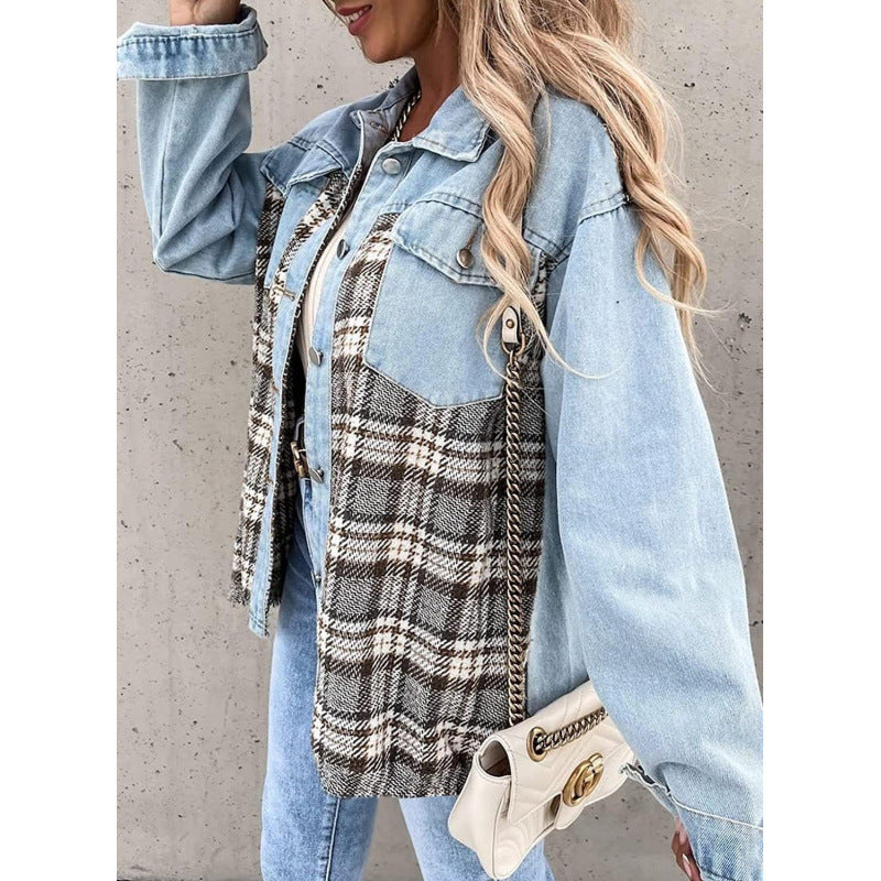 Damen Karomuster Denimjacke mit lässigem Schnitt und modernen Details Drune