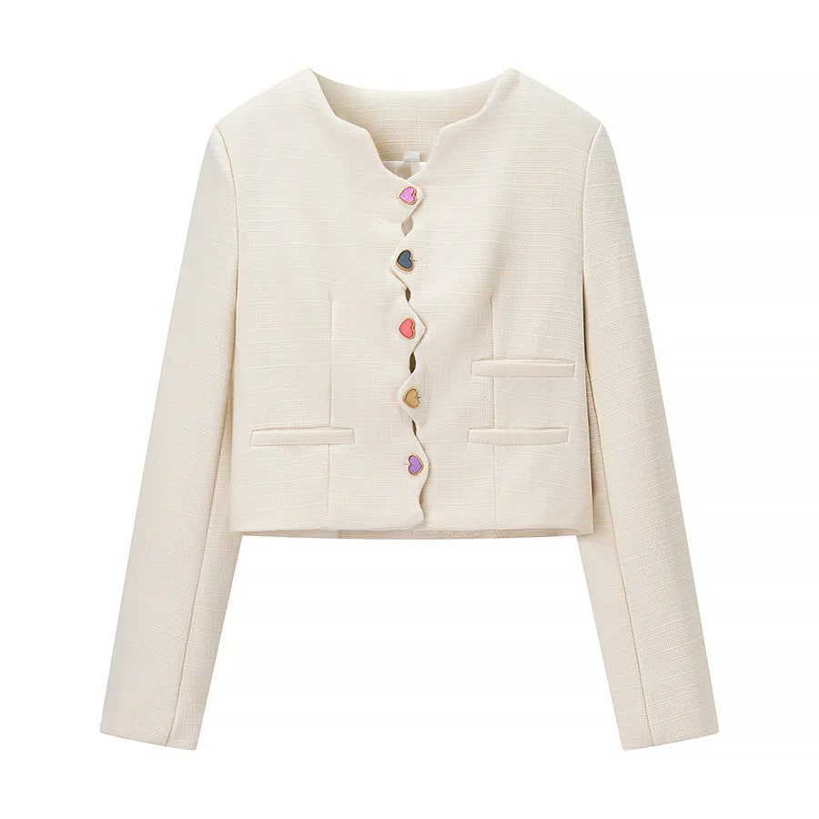 Damen nan cropped Bouclé-Jacke mit gewellter Knopfleiste und Herzapplikationen Drune