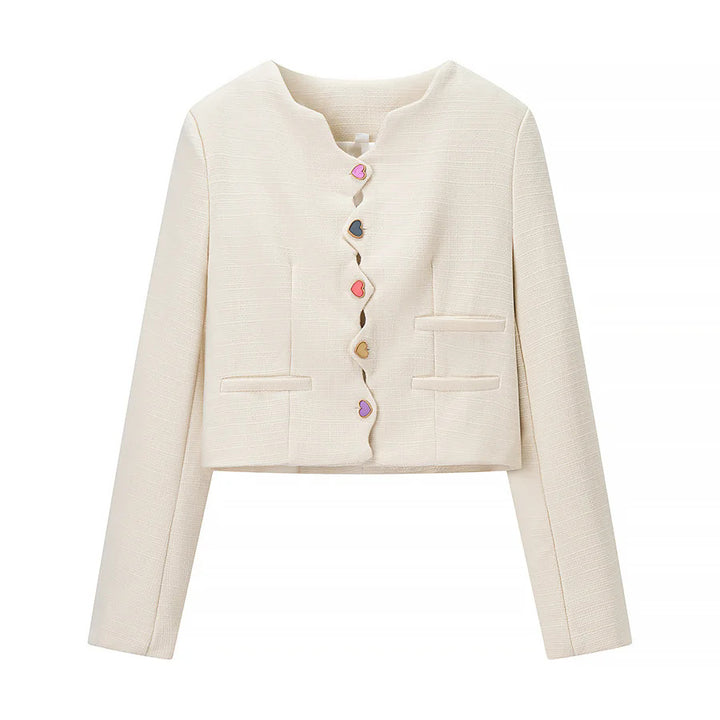 Damen nan cropped Bouclé-Jacke mit gewellter Knopfleiste und Herzapplikationen Drune