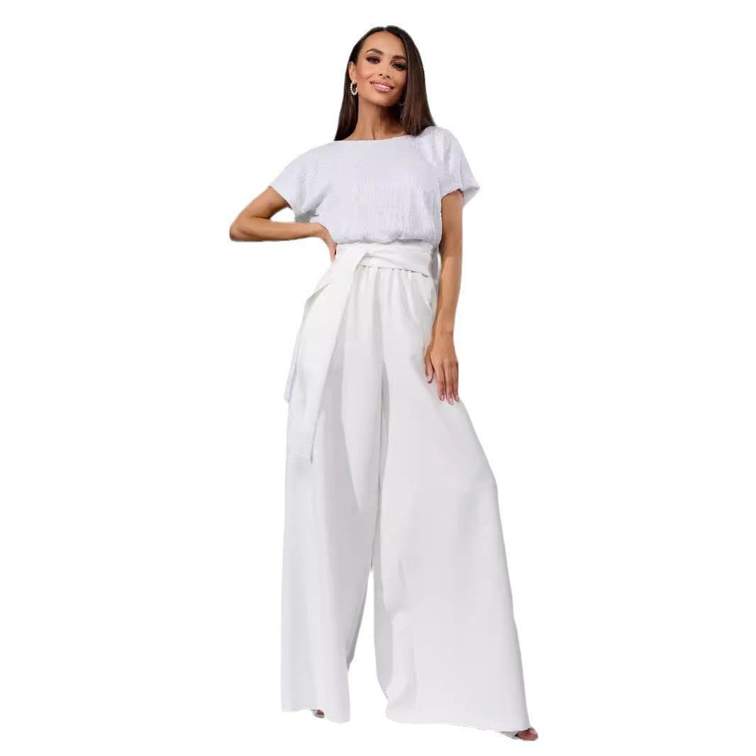 Damen Glitzernder Jumpsuit mit weitem Bein und Taillengürtel Drune