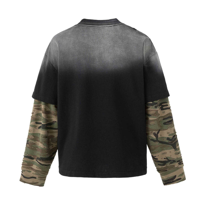 Herren weit geschnittenes Lagenlook T-Shirt mit Used-Effekt und Camouflage-Ärmeln Drune