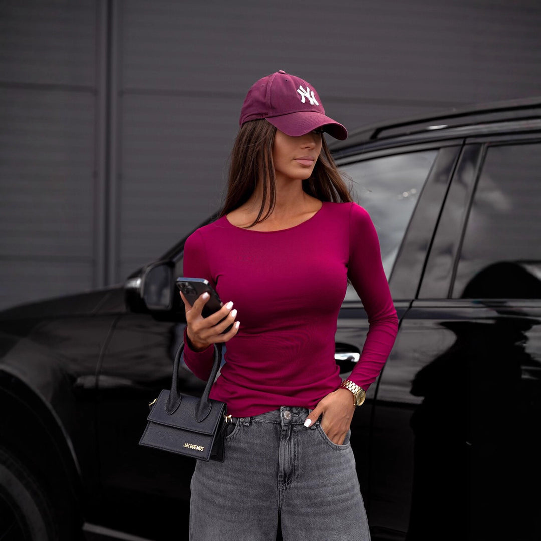 Damen figurbetontes Langarm-Shirt und weite High-Waist Denim-Jeans Drune