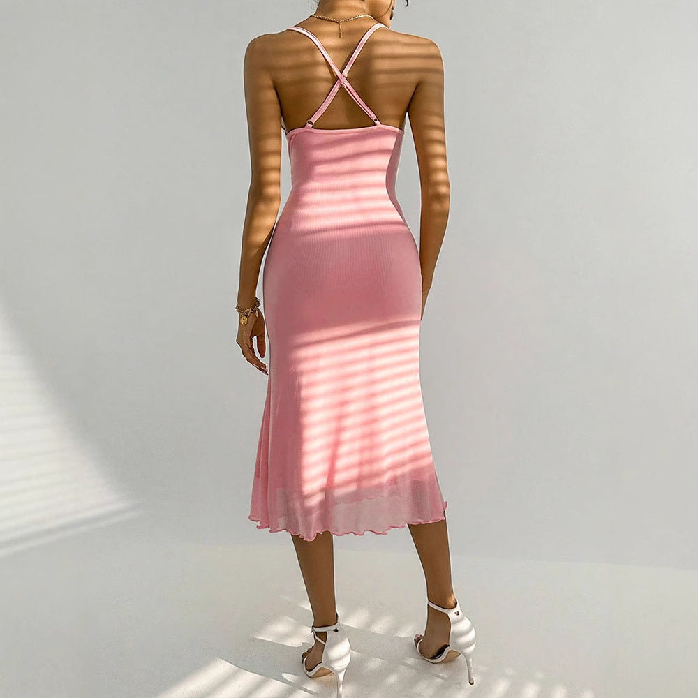Damen Maxikleid mit zarten Spaghettiträgern und transparentem Saum Drune