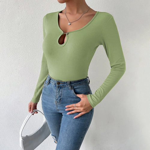 Damen geripptes Langarm-Top mit Keyhole-Detail, zierlichen Zierknöpfen und sculptender Stretch-Passform Drune