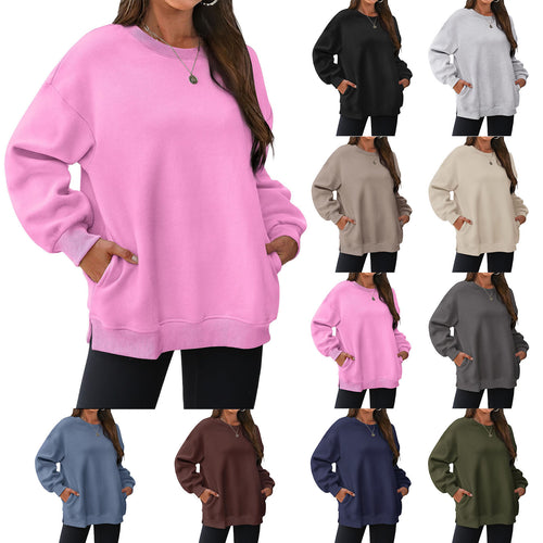 Damen nan verlängertes Oversize Rundhalspullover mit seitlichen Eingrifftaschen, Rippbündchen und überschnittener Schulter Drune