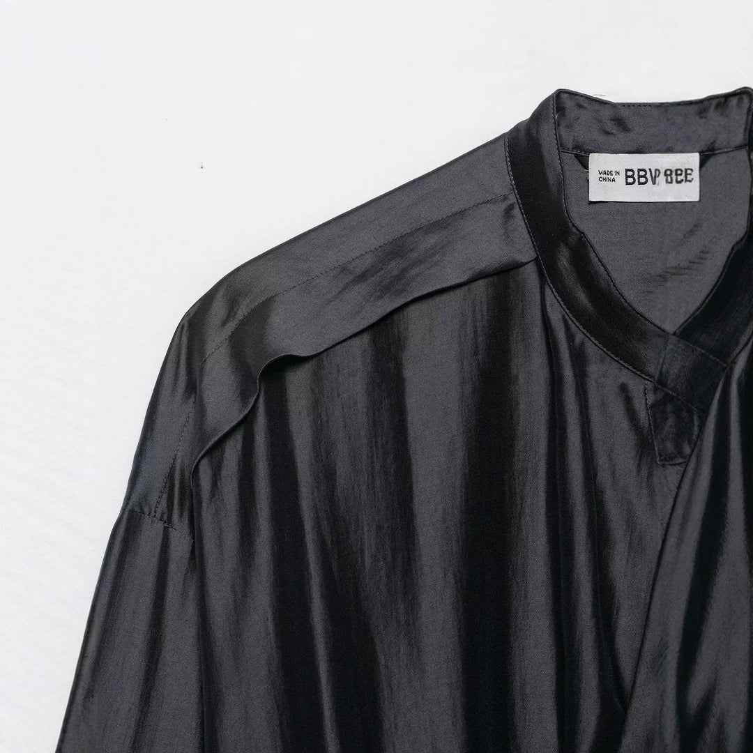 Damen Bluse mit Stehkragen, Tunnelzugtaillierung und weiten Manschetten Drune