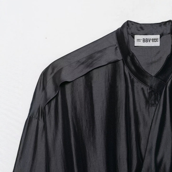 Damen Bluse mit Stehkragen, Tunnelzugtaillierung und weiten Manschetten Drune