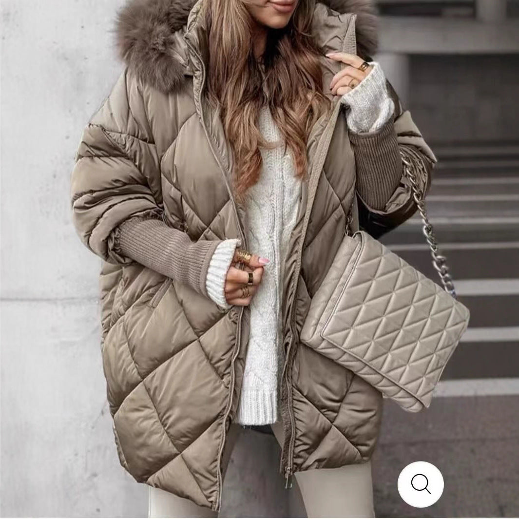 Damen langer gesteppter Winterparka mit großer Kapuze und Kunstfellbesatz Drune
