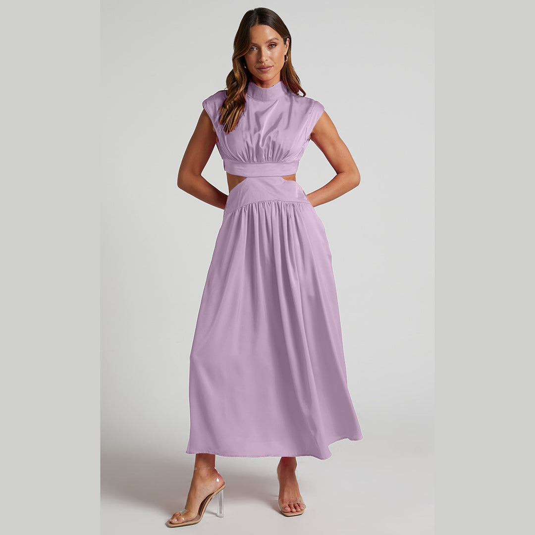 Damen elegantes Maxikleid mit hohem Kragen und seitlichen Cut-Outs Drune