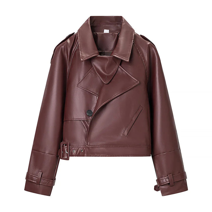 Damen nan kurzer taillierter Bikerblouson aus veganem Lederimitat mit Schalkragen, Taillengürtel und verstellbaren Manschetten Drune