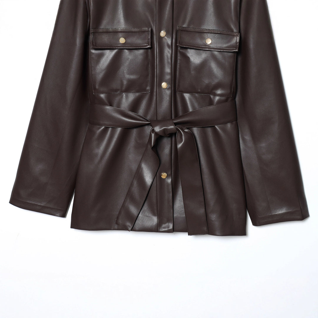 Damen nan taillierte Kunstleder-Hemdjacke mit Bindegürtel und Pattentaschen Drune