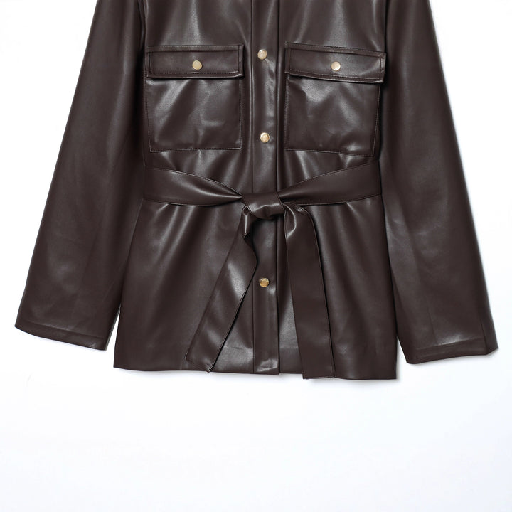 Damen nan taillierte Kunstleder-Hemdjacke mit Bindegürtel und Pattentaschen Drune