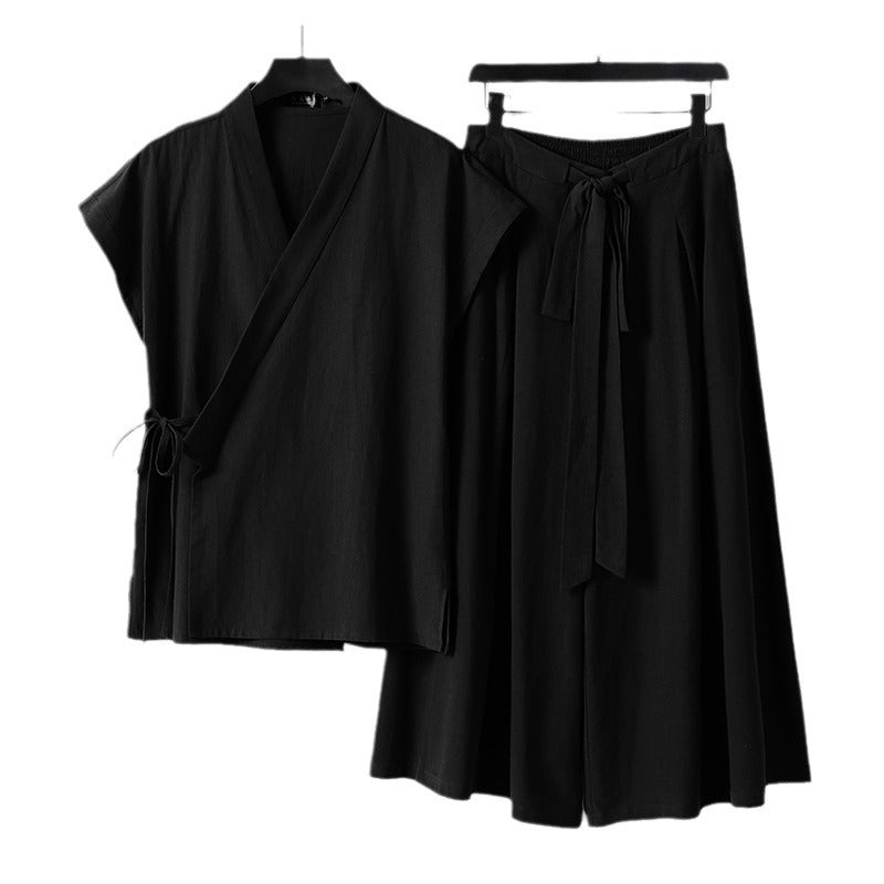 Damen Kimono-Loungewear-Set mit Wickeloberteil und weiter Palazzo-Hose Drune
