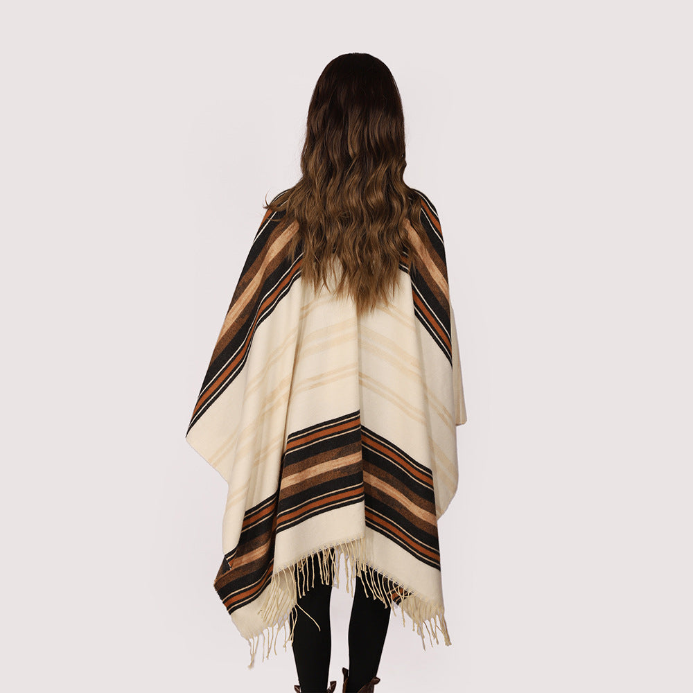 Damen Leichter Ruana‑Poncho aus Woll‑Viskosemix mit gestreifter Webbordüre und Fransensaum Drune