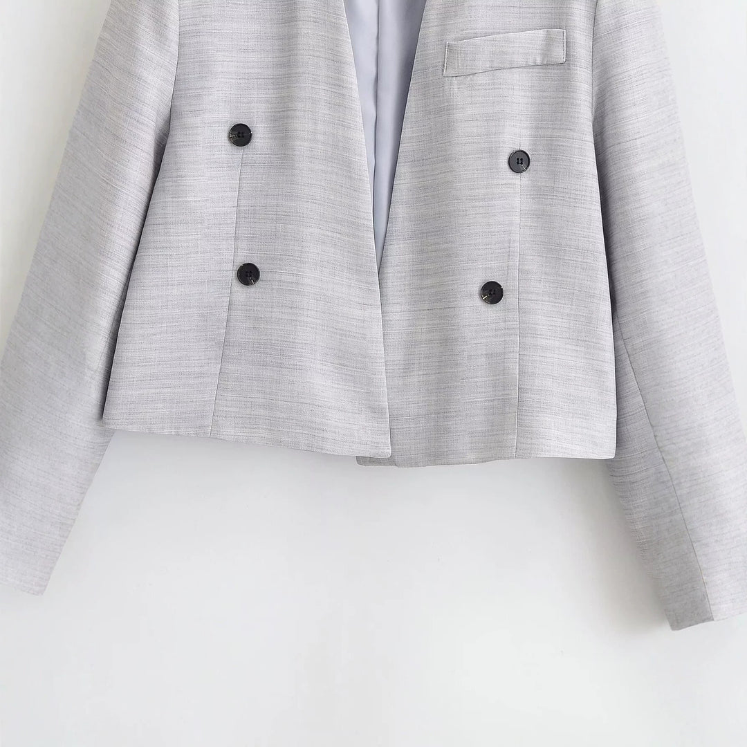Damen kragenloser Cropped-Blazer mit kastiger Silhouette und Doppelknopfreihe Drune